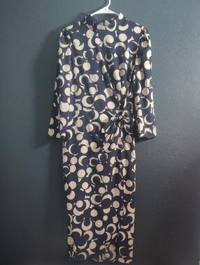 Donna Morgan Sophisticated Elegant Navy -Cream Geometric Wrap-Style Midi Dress